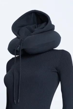 Black Fleece Lined Travel Pillow With Hood