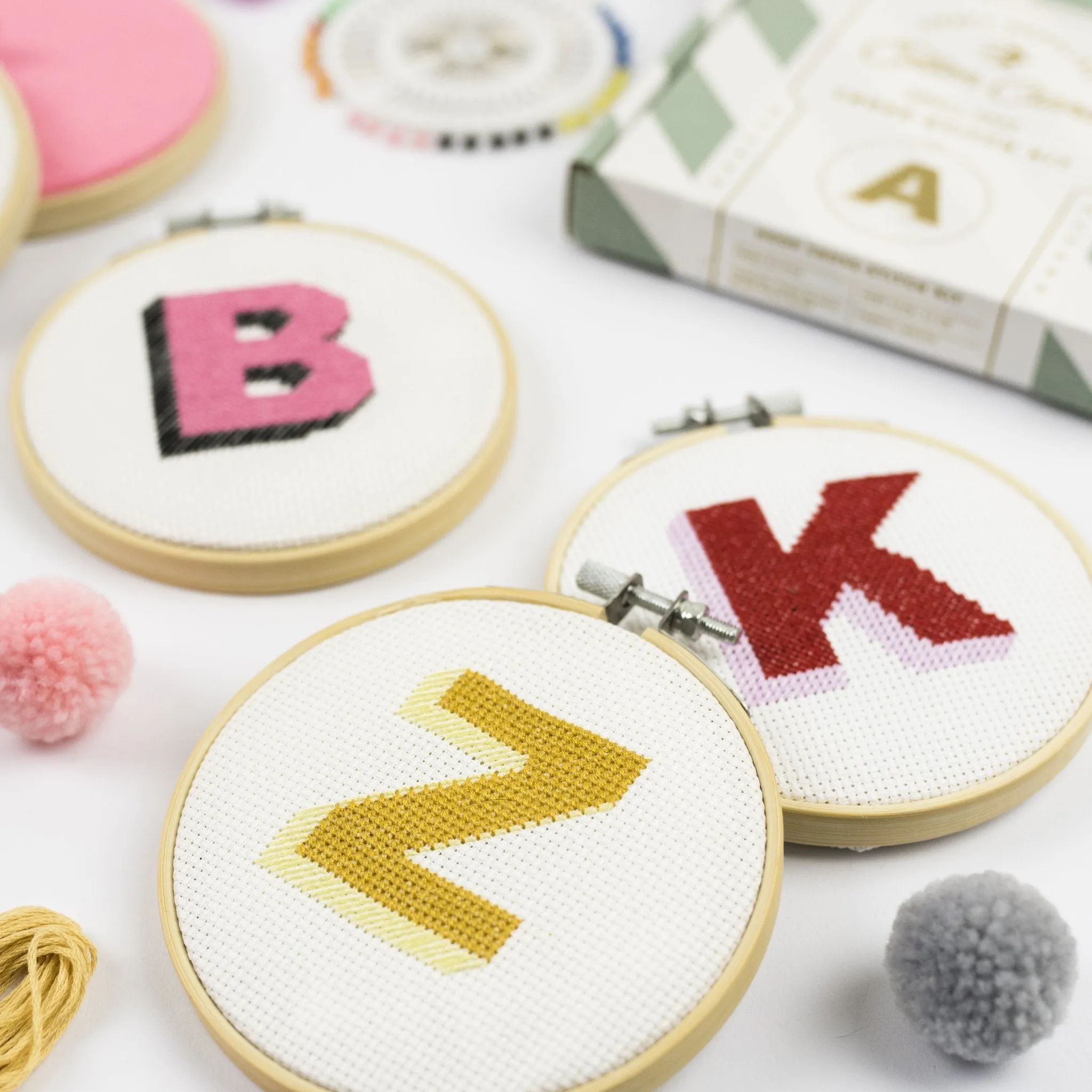 Drop Shadow Alphabet Cross Stitch Kit (Pink   Black   Blue   Pale Blue)