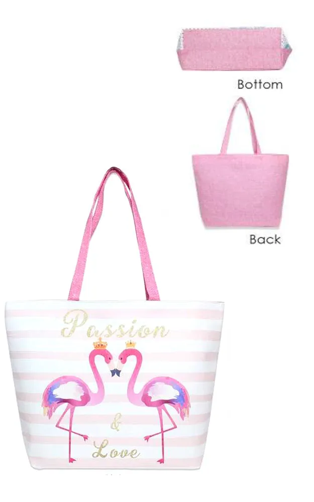 LF101 Pink Passion & Love Flamingo Print Beach Bag