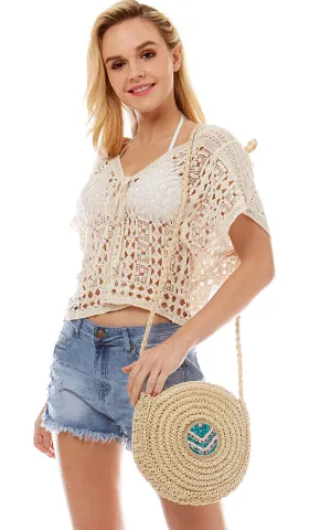 LOA295 Center Bead Decor Round Straw Crossbody Bag